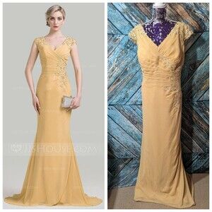 JJ's House Gold Lace & Sequin Appliqued Trumpet Mermaid V-neck Gown Formal
